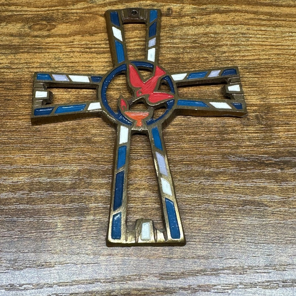 Vintage 1982 Terra Sancta Guild Bronze Enameled Dove Chalice Cross Israel